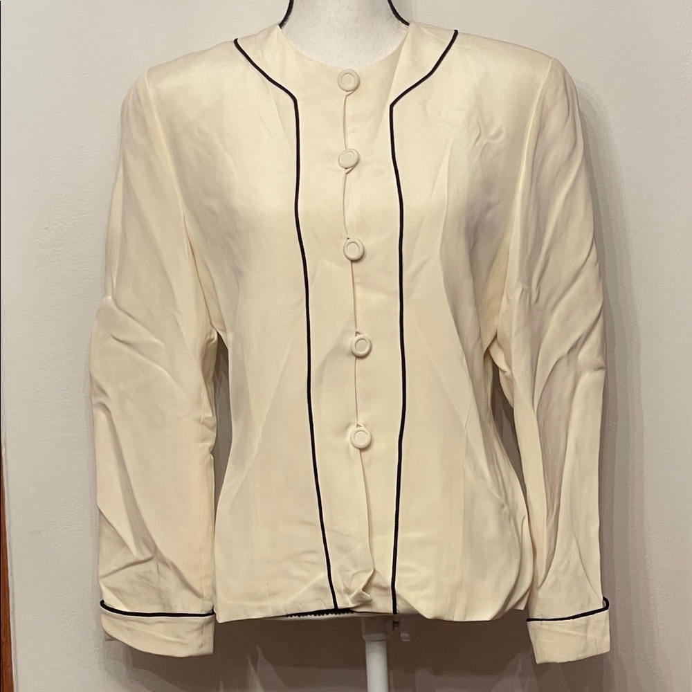 Vintage Ann Taylor Cream Button-Down Shirt with Black Trim